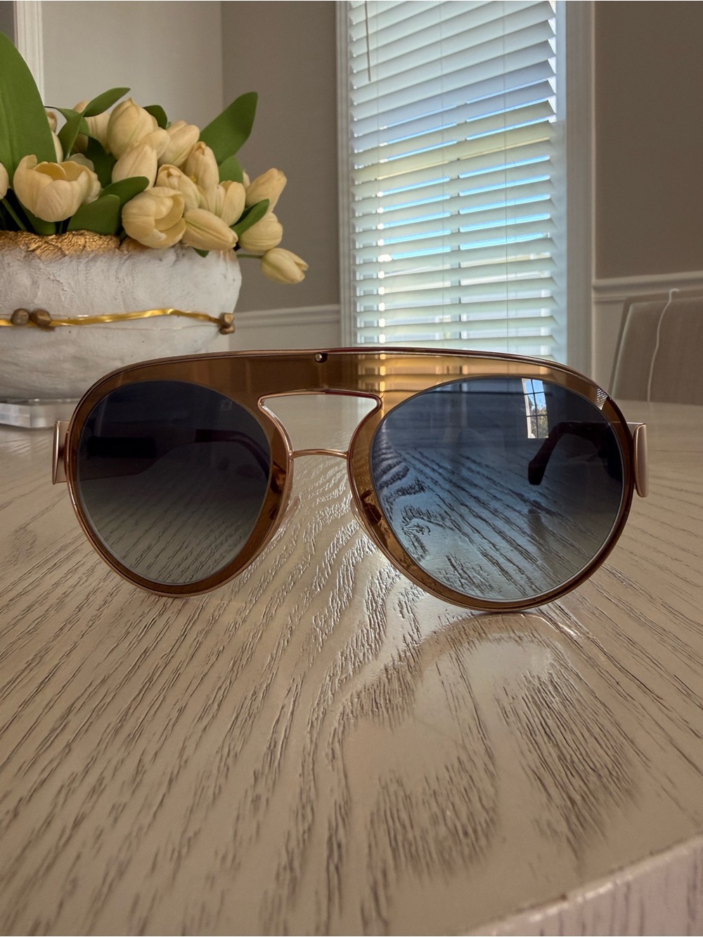 Balenciaga Brown Frame Gradient Blue Lens Aviator Sunglasses